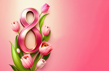 Eight of march template with glossy number eight with tulip flowers on pink background with empty space for text
