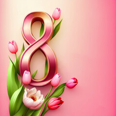 Eight of march template with glossy number eight with tulip flowers on pink background.