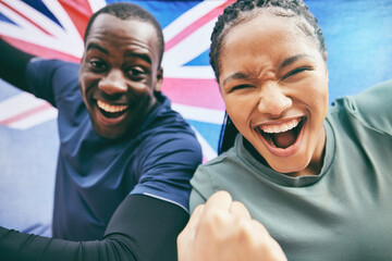 Fitness, celebration and British athlete or people winning in the UK excited, confident and happy for a competition. Champion, man and woman with motivation and energy as a team, teamwork and united