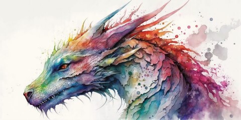 Stunning watercolor depicting a rainbow dragon with brilliant colors and a white background. Generative AI © The 2R Artificiality