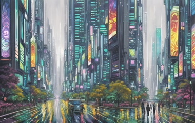 Obraz premium Cyberpunk Poster 80s style. Retro style, neon, futuristic, landscape, night city, ai generated