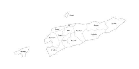 East Timor political map of administrative divisions - municipalities and Special Administrative Region Oecusse-Ambeno. Handdrawn doodle style map with black outline borders and name labels.