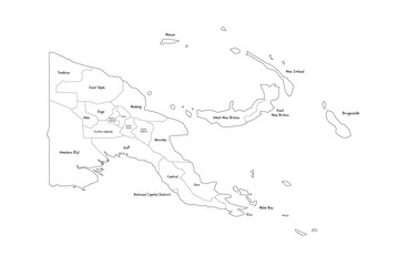 Papua New Guinea political map of administrative divisions - provinces, autonomous region and National Capital District. Handdrawn doodle style map with black outline borders and name labels.