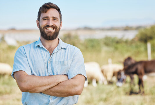 Farmer, portrait or arms crossed on livestock agriculture, sustainability environment or nature for farming industry. Smile, happy or confident man with animals growth or sheep and person on a field