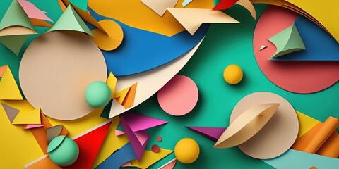 A close up of a colorful paper collage. made up of several paper and cardboard components. Background of tattered old paper. dated plain wallpaper. Background in material design. Generative AI