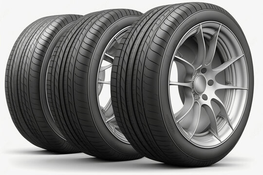 Car Tires With A Great Profile In The Car Repair Shop. Set Of Summer Or Winter Tyres In Front Of White Fond. On White PNG Background