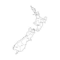 New Zealand political map of administrative divisions - regions. Handdrawn doodle style map with black outline borders and name labels.