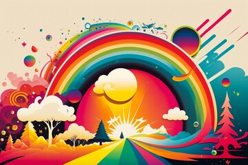 Hippie 60s 70s graphic design. Over the rainbow hippie vibes as retro stylish rainbow, clouds, wavy psychedelic doodle color background. Vintage happy abstract atmosphere. 1960s, 1970s, Generative AI