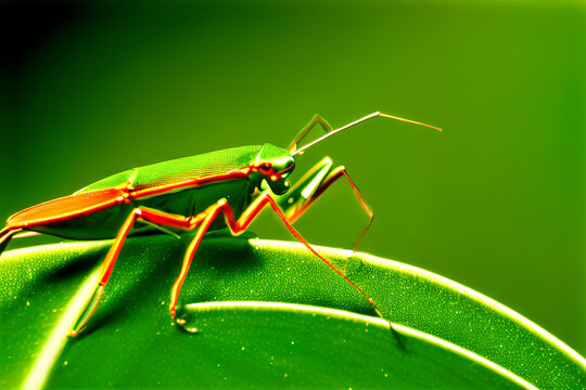 Macro photograph of a praying mantis perched on green leaf. Green mantis close-up portrait. Generative AI illustration.
