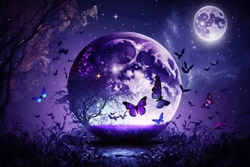 Tableaux ronds sur aluminium brossé Pleine Lune arbre Magical fantasy romantic night background with full moon and glowing butterflies. Lunar midnight shiney particles, balloons and magical atmosphere. A purple violate fairytale concept. Generative AI