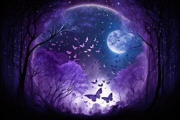 Magical fantasy romantic night background with full moon and glowing butterflies. Lunar midnight shiney particles, balloons and magical atmosphere. A purple violate fairytale concept. Generative AI