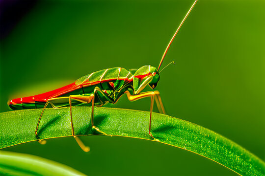 Macro photograph of a praying mantis perched on green leaf. Green mantis close-up portrait. Generative AI illustration.