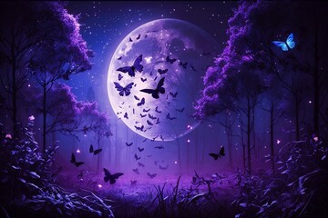 Magical fantasy romantic night background with full moon and glowing butterflies. Lunar midnight shiney particles, balloons and magical atmosphere. A purple violate fairytale concept. Generative AI