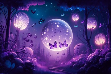 Magical fantasy romantic night background with full moon and glowing butterflies. Lunar midnight shiney particles, balloons and magical atmosphere. A purple violate fairytale concept. Generative AI