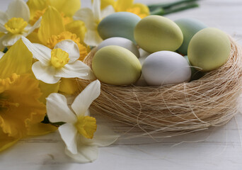 nest with eggs in gentle pastel colors and a bouquet of daffodils