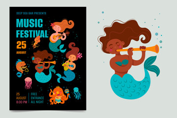 Poster for music festival. The mermaid plays the guitar, the mermaid plays the saxophone, the dark-skinned mermaid plays the pipe. Fish, octopus play the drum, jellyfish, starfish.