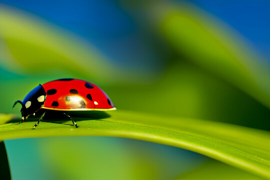 Macro photograph of a ladybug perched on green leaf. Ladybug close-up portrait. Generative AI illustration.