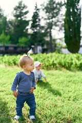 Small child with a ponytail stands on a green lawn and looks to the side