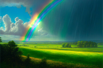 Naklejka premium A colourful spring-summer day, a rainbow in the sky. Generative AI