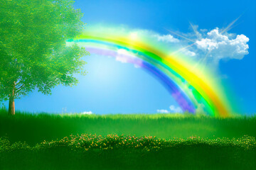 Naklejka premium A colourful spring-summer day, a rainbow in the sky. Generative AI