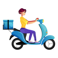 Fototapeta na wymiar Express, fast, free scooter delivery concept. Food and other shipping services for websites. Vector cartoon illustration delivery with a courier. Advertise for restaurants, cafes, shops