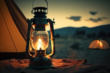 Fototapeta Glowing gas lantern near the tourist tent.  Camping, vacation trip, hiking concept obraz