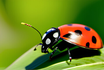 Macro photograph of a ladybug perched on green leaf. Ladybug close-up portrait. Generative AI illustration.