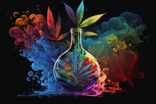 Smoking bong and medical cannabis leaf and colorful smoke. 