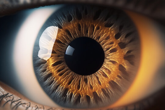 Beautiful human macro eye closeup with eyeball and iris looking front. Generative AI
