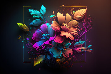 Flower bouquet with glowing neon border on black background - generative ai