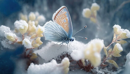 Plakat Incredible backlight of a butterfly stepping on the snow with some of its parts frozen. Feeling of elegance.