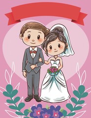 Watercolor wedding card with cute couple drawings