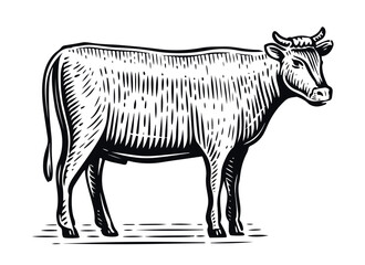 Fototapeta na wymiar Farm animal sketch. Hand drawn Bull, standing full-length in front of white background. Vector illustration