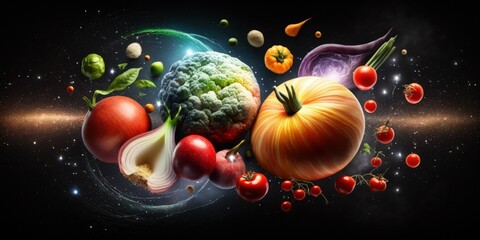 Universe of vegetables that look like planets in space. Tomatoes, onions and garlic, Mediterranean recipe ingredients in deep space illuminated by a star, universe of foods and tastes. Generative AI