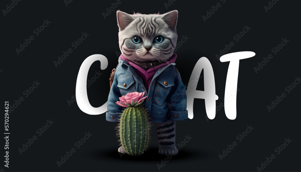 Sticker Cute cat. Beautiful cat doll on a black background. Funny adorable home pet vector illustration. A template for clothing design or stickers.