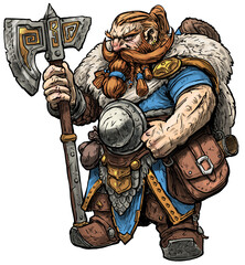 dwarf with a large runic axe, a dense shield on his belly and a huge hiking bag on which his mugs, bags and sleeping bag are fixed, he has a manly face, long mustache and beard. 2d linear hatching art