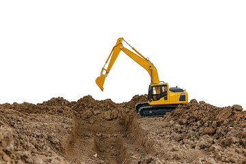 Crawler Excavator is digging soil in the construction site with bucket lift up on  isolated white...
