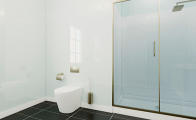 Naklejka na ściany i meble Clean and fresh bathroom with natural light. 3D rendering.