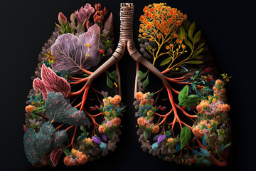 Floral human lung. Chest health concept, 3d model, illustration created with Generative AI technology. Flower design, plant and leaves, black background.