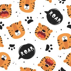 Seamless pattern with face of cute tiger. Vector illustration in flat style.