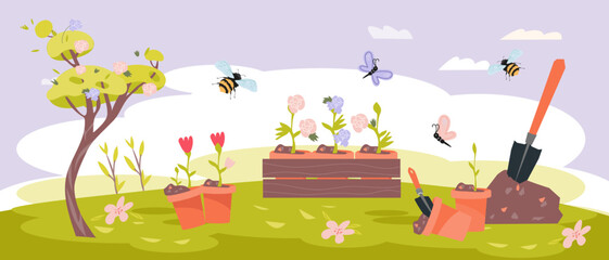 Spring or summer garden landscape horizontal background, flat vector illustration. Seasonal gardening backdrop and summer and spring design with no people.