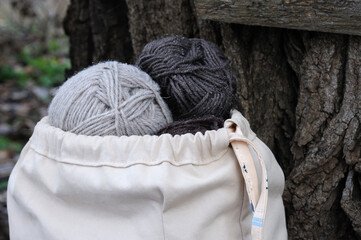 Woolen threads in a bag in nature.  Front view.