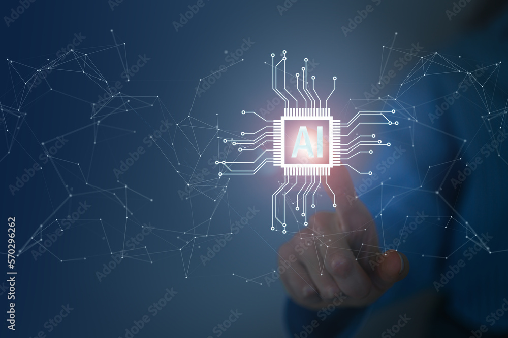 Poster machine learning technology, scientist touching screen, artificial intelligence