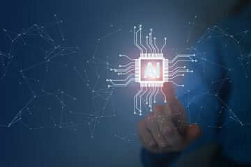 Machine learning technology, scientist touching screen, artificial intelligence