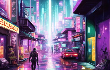 Fototapeta na wymiar Cyberpunk Poster 80s style. Retro style, neon, futuristic, landscape, night city, ai generated