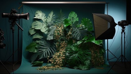 A photography studio with a green wall with beautiful plants
