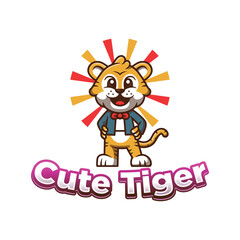 Cute tiger logo mascot in suit. Mascot logo in cartoon style isolated on white background.