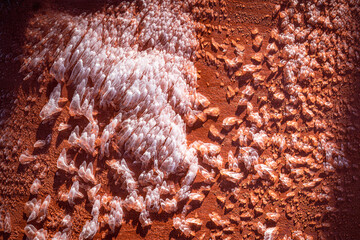 Ice frozen to orange wall in interesting shapes