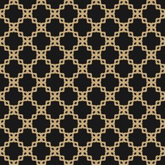 Fototapeta na wymiar Vector abstract seamless mesh pattern. Black and gold ornament texture with curved floral shapes, grid, net, lattice. Simple background. Repeat ornamental design for print, textile, fabric, wallpaper