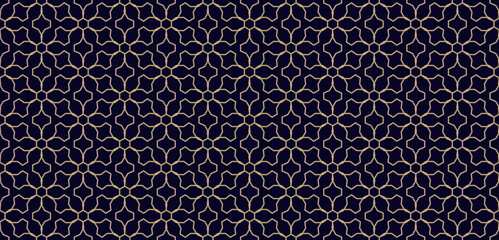 Abstract geometric seamless pattern in Arabian style. Vector ornamental lines texture, elegant floral lattice, mesh, net. Traditional luxury background. Elegant gold and black ornament, repeat design
